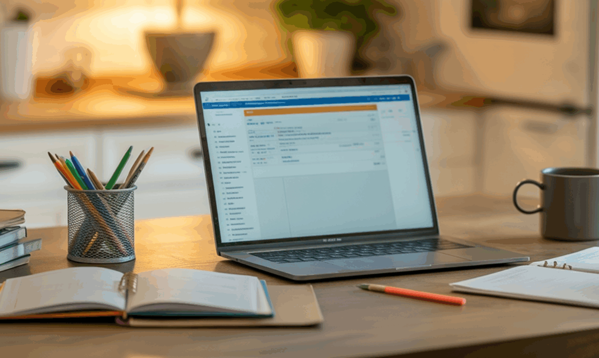 Open laptop displaying an email inbox beside homeschool planners and notebooks on a tidy kitchen table.