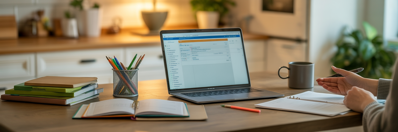 Open laptop displaying an email inbox beside homeschool planners and notebooks on a tidy kitchen table.