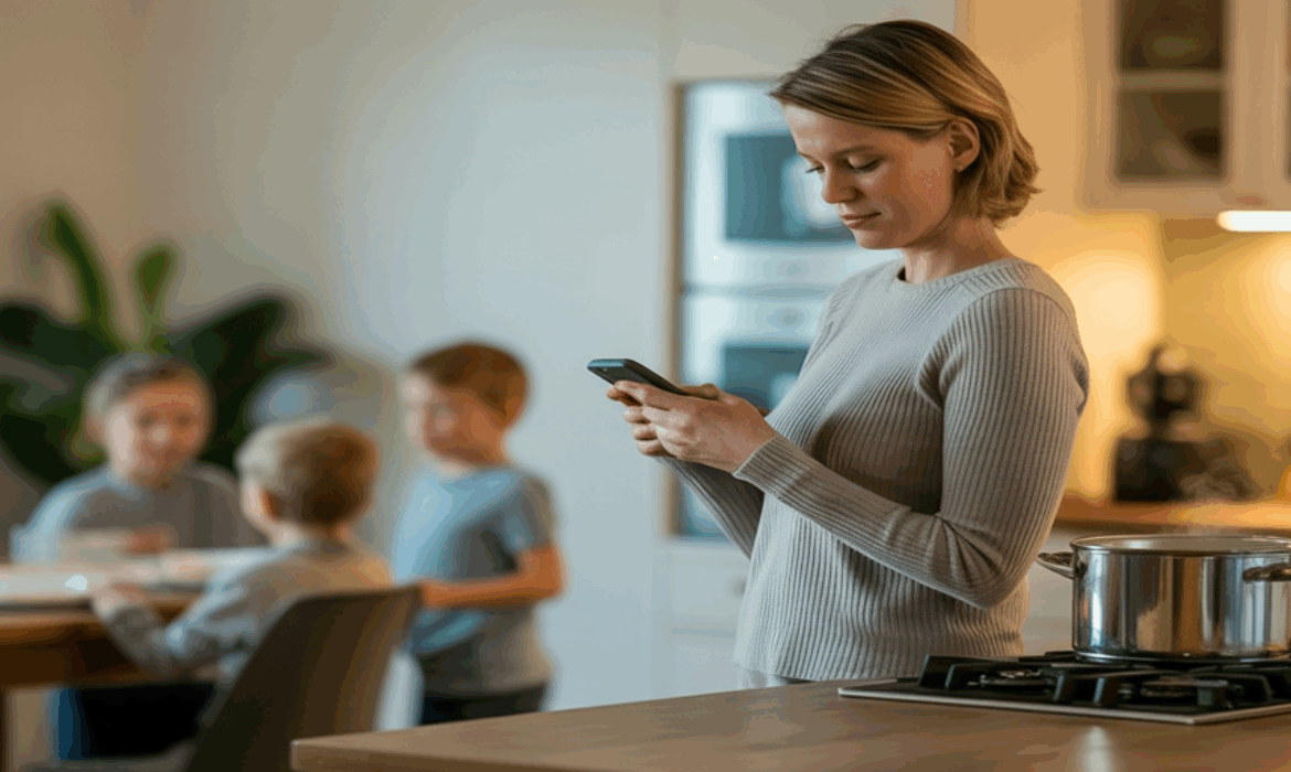 Homeschool mom checking her phone in the kitchen while children sit at the table in the background.
