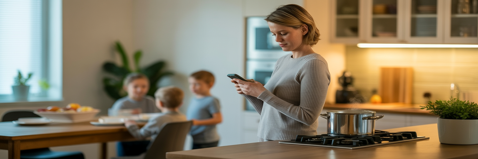 Homeschool mom checking her phone in the kitchen while children sit at the table in the background.