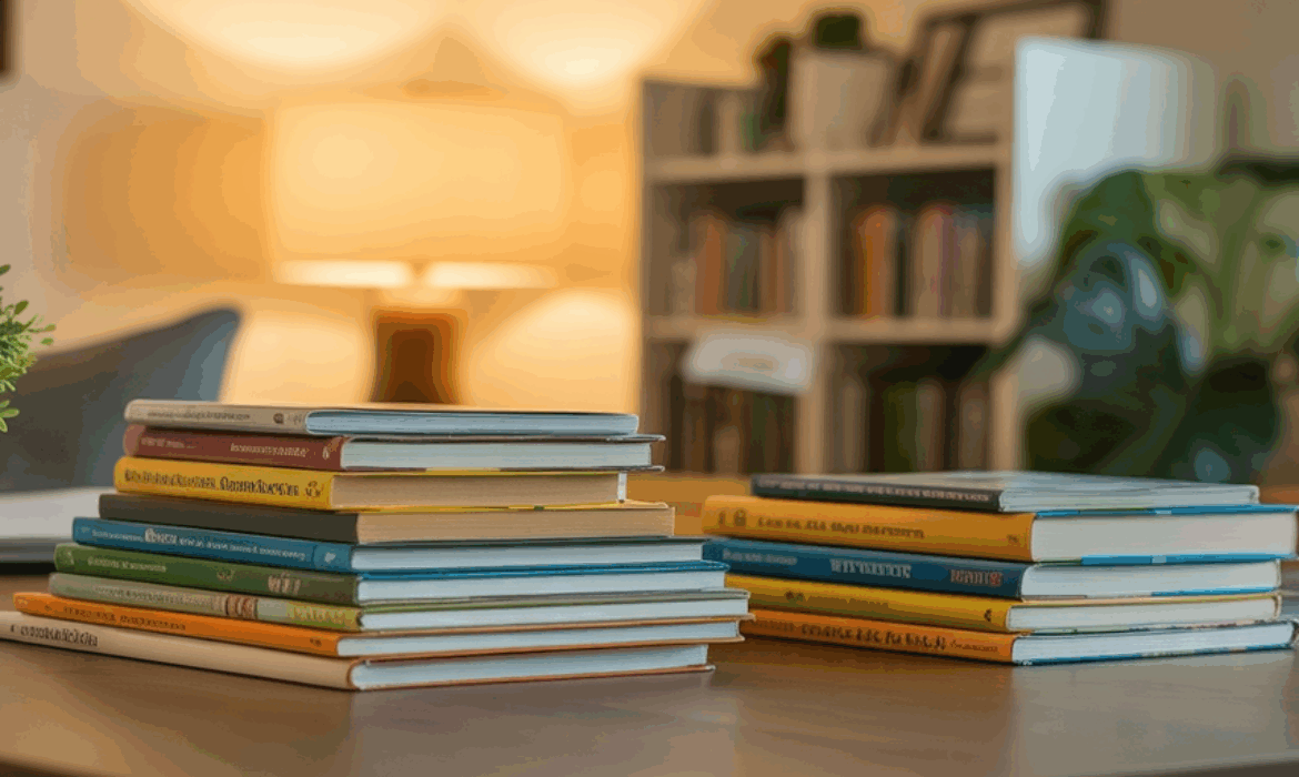 Two neat stacks of colorful homeschool books on a wooden desk beside a green potted plant in a cozy study.