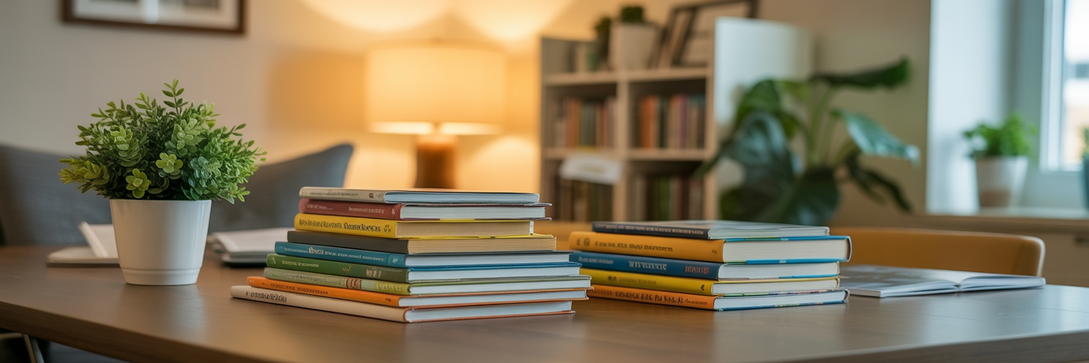 Two neat stacks of colorful homeschool books on a wooden desk beside a green potted plant in a cozy study.