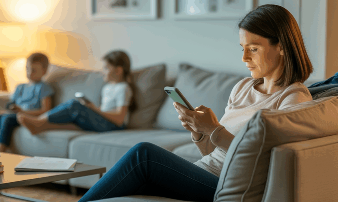 Homeschool mom sitting on the couch looking at her phone while children watch TV in the background.