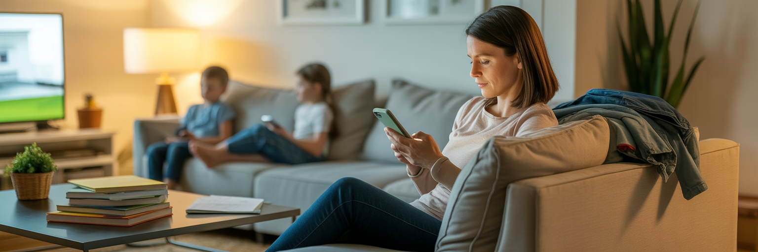 Homeschool mom sitting on the couch looking at her phone while children watch TV in the background.