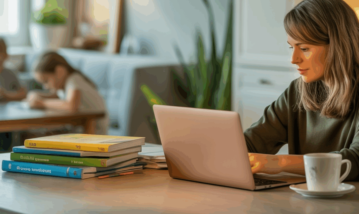 Homeschool mom working on laptop with books stacked on the table while children study in the background.