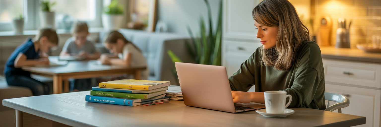 Homeschool mom working on laptop with books stacked on the table while children study in the background.