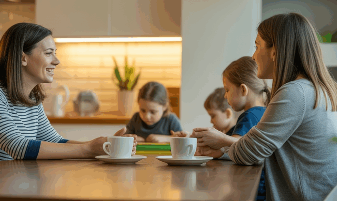 Two mothers sit at a kitchen table with coffee cups, talking while their children study together in the background.