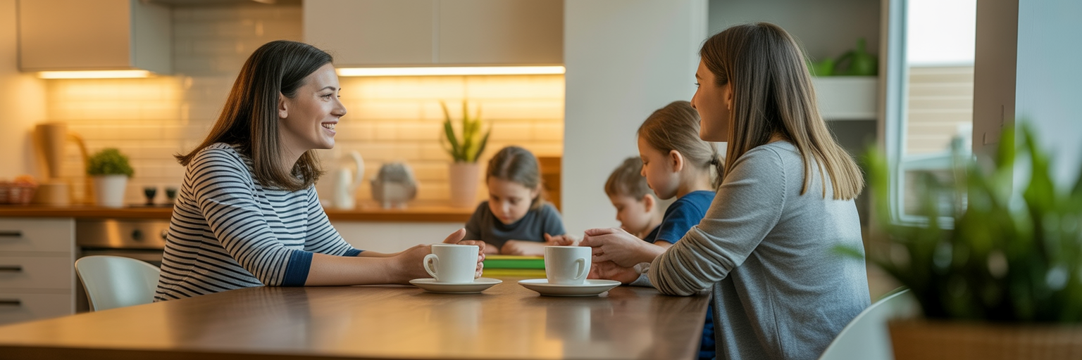 Two mothers sit at a kitchen table with coffee cups, talking while their children study together in the background.