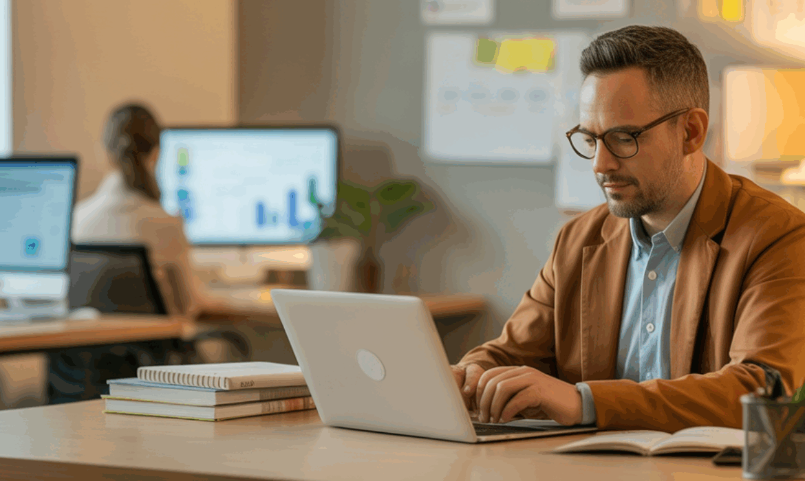 Marketing professional working on a laptop in a bright office with analytics on nearby screens—symbolizing AI agents streamlining omni-channel campaigns for homeschool vendors.