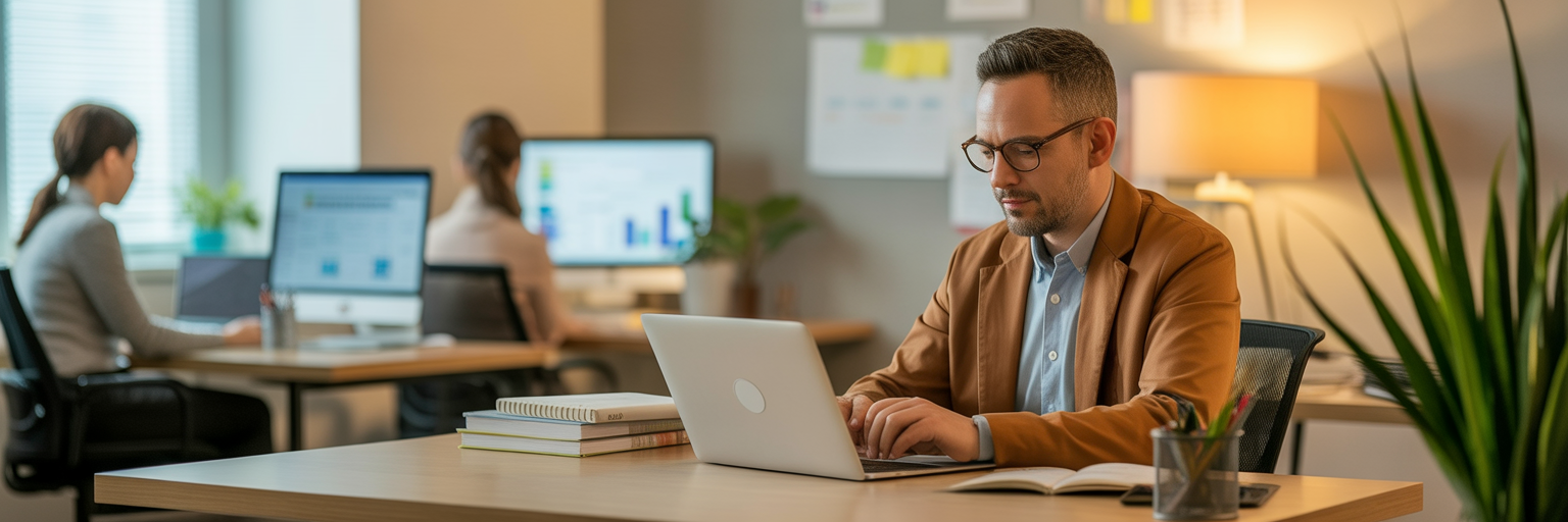 Marketing professional working on a laptop in a bright office with analytics on nearby screens—symbolizing AI agents streamlining omni-channel campaigns for homeschool vendors.