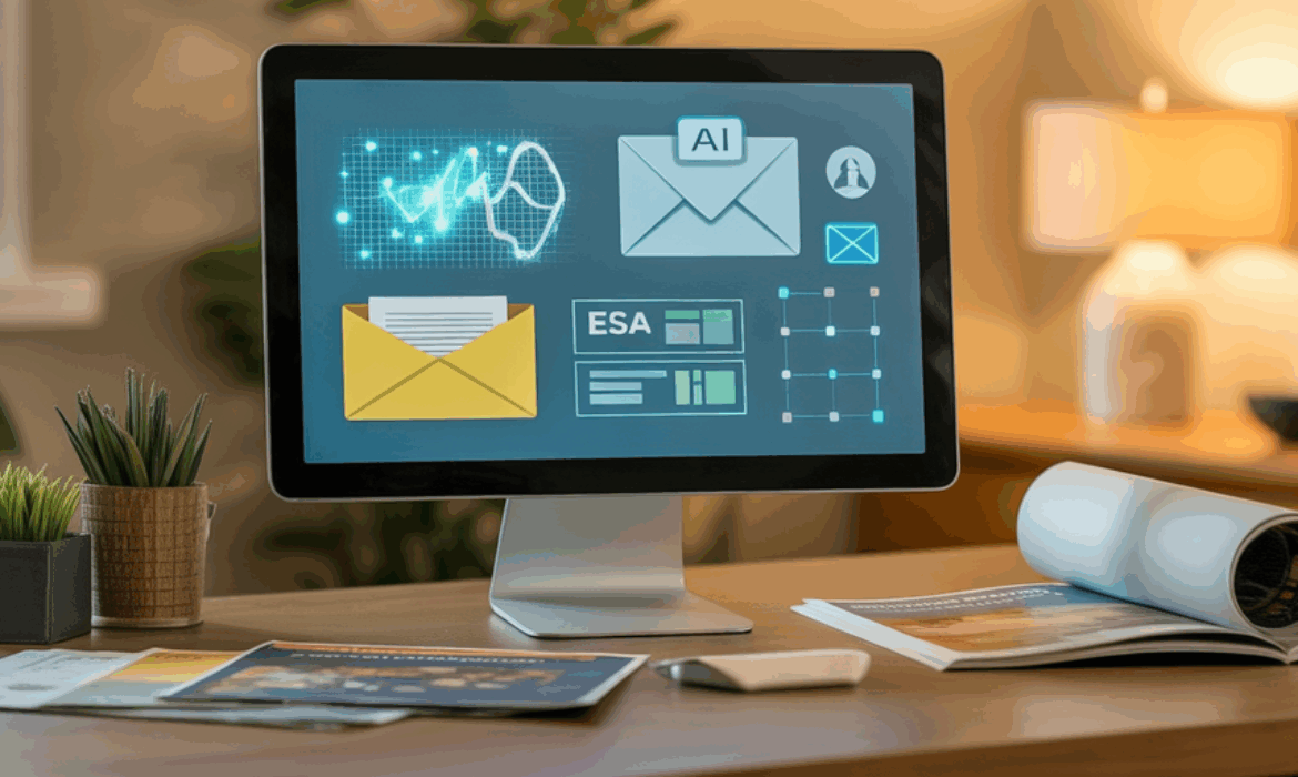 Computer screen displaying AI, email, and ESA marketing icons on a desk with homeschool catalogs and magazines.