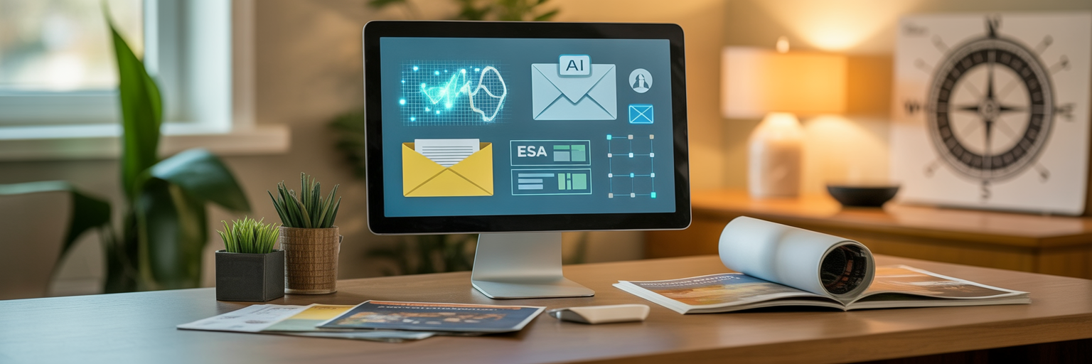 Computer screen displaying AI, email, and ESA marketing icons on a desk with homeschool catalogs and magazines.