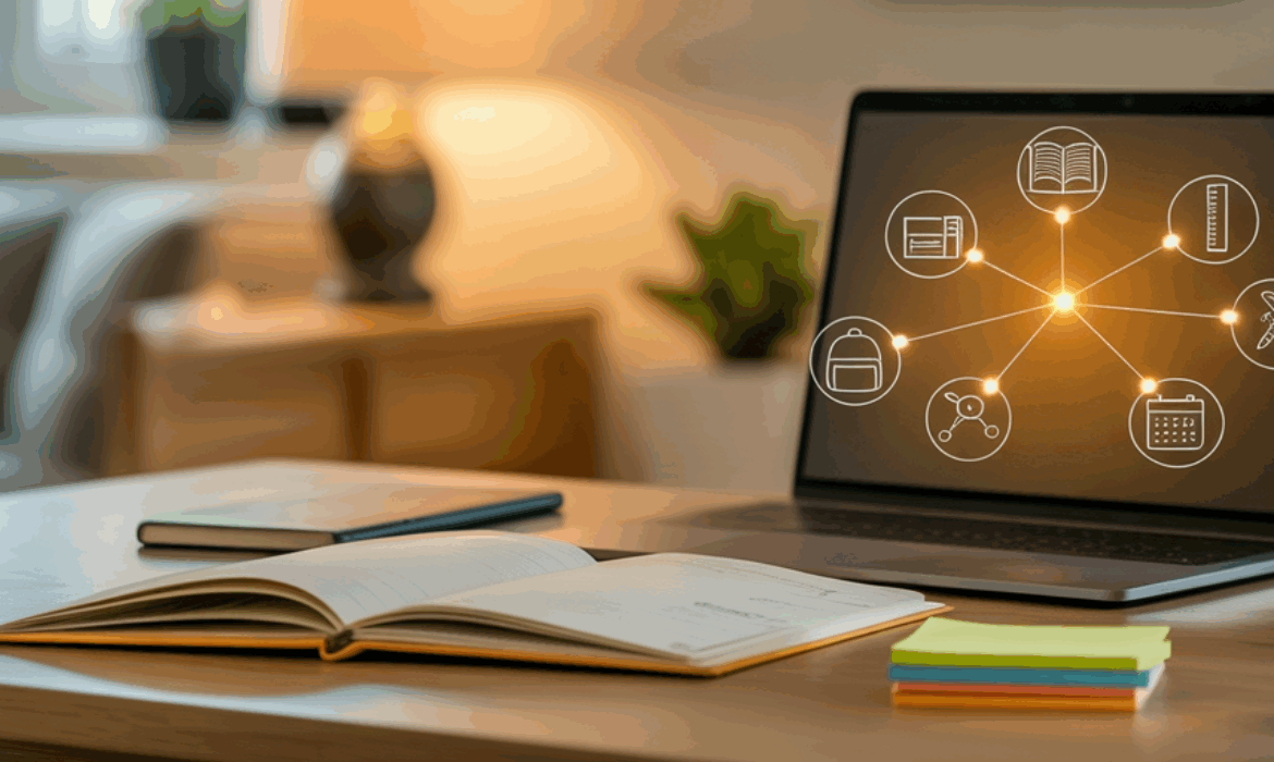 Laptop on a homeschool desk displaying connected icons for books, calendars, shopping, and ads, symbolizing shared data in programmatic advertising.