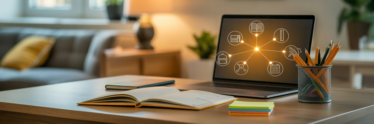 Laptop on a homeschool desk displaying connected icons for books, calendars, shopping, and ads, symbolizing shared data in programmatic advertising.