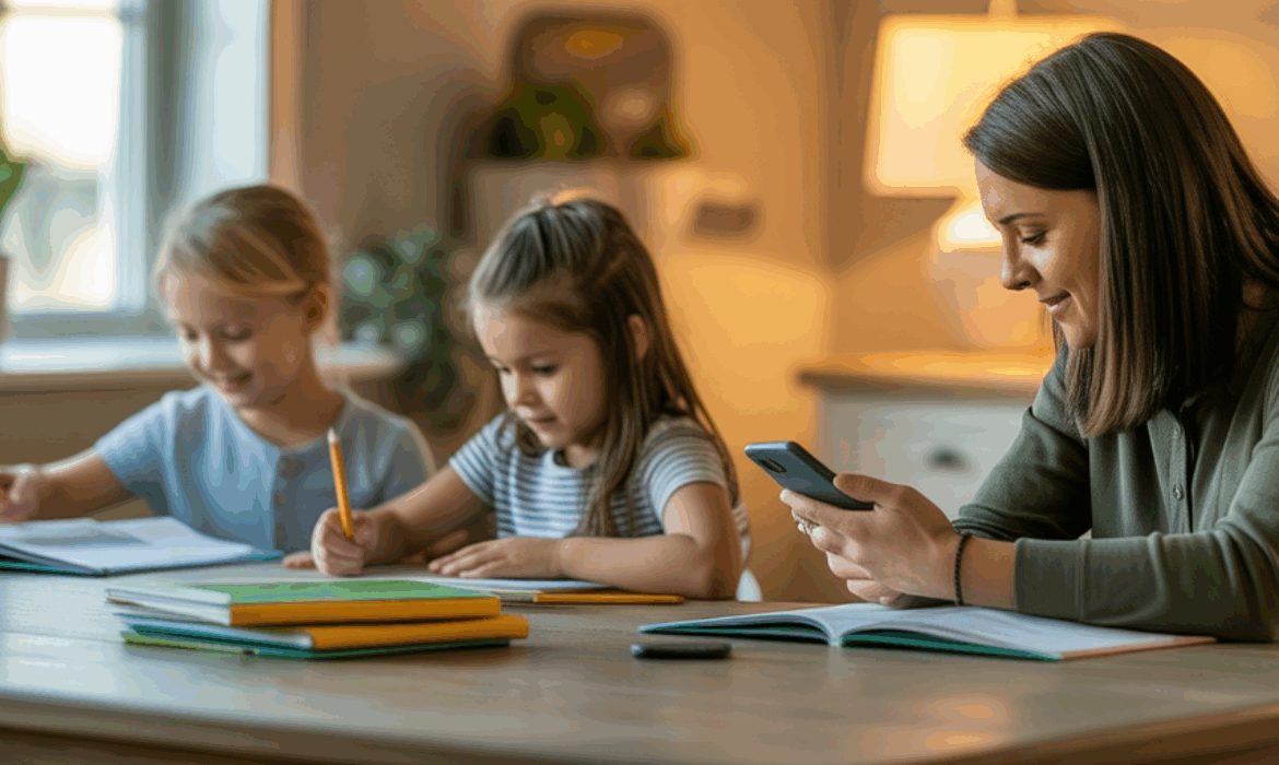 Homeschool mom at the table checking her phone while two young daughters do schoolwork in notebooks.