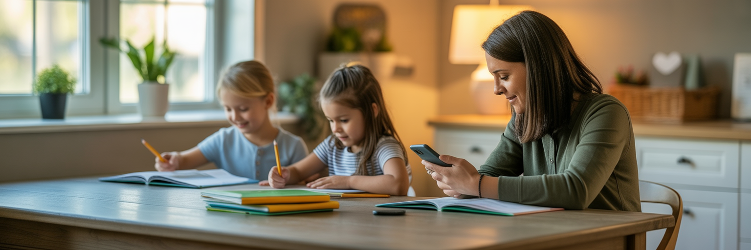 Homeschool mom at the table checking her phone while two young daughters do schoolwork in notebooks.