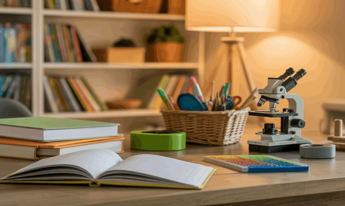 Homeschool study space with books, a microscope, and colorful learning tools on a desk, symbolizing funding support for education.