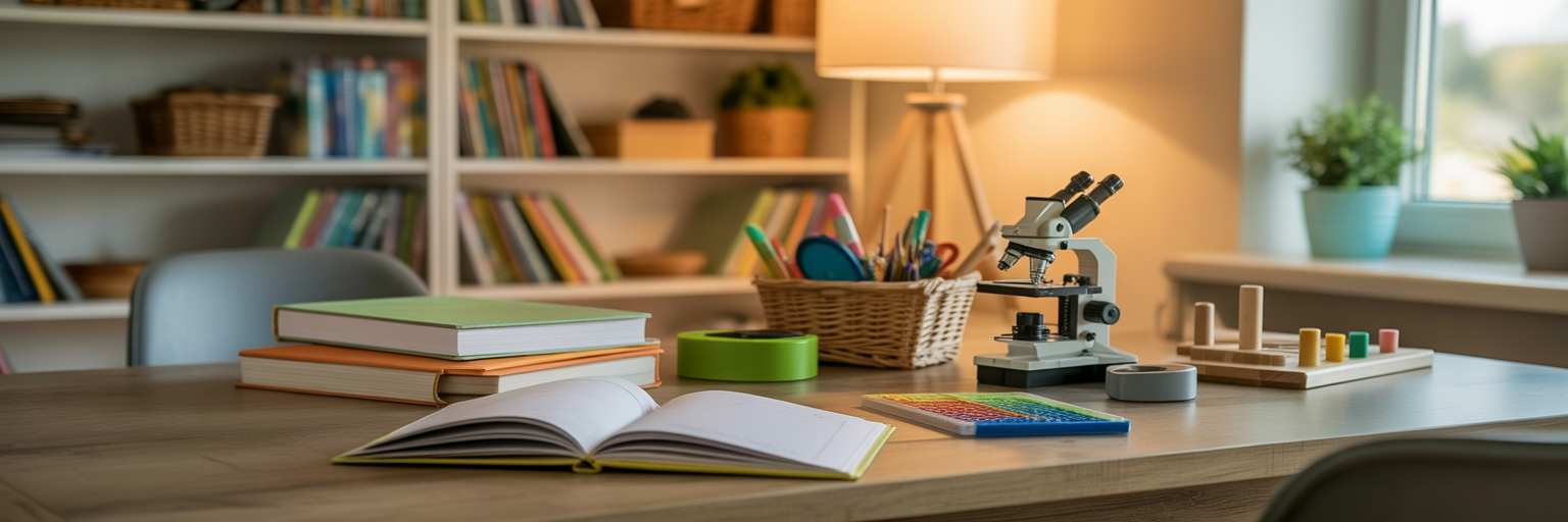 Homeschool study space with books, a microscope, and colorful learning tools on a desk, symbolizing funding support for education.