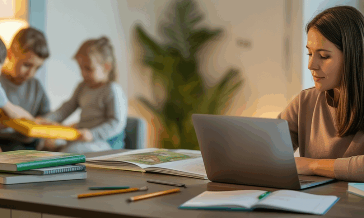 A homeschool mother works on a laptop at a kitchen table with books and pencils nearby, while children play and learn in the background — representing the shift from restrictive ESA marketplaces to vendor-driven, relationship-owned commerce.