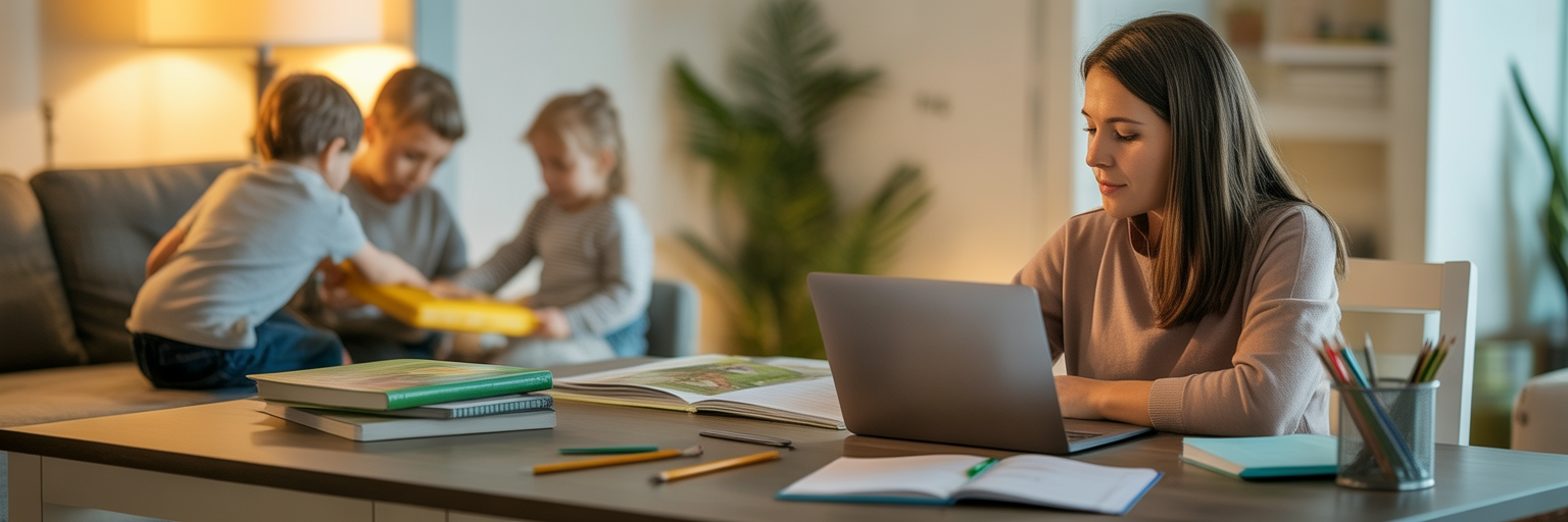 A homeschool mother works on a laptop at a kitchen table with books and pencils nearby, while children play and learn in the background — representing the shift from restrictive ESA marketplaces to vendor-driven, relationship-owned commerce.