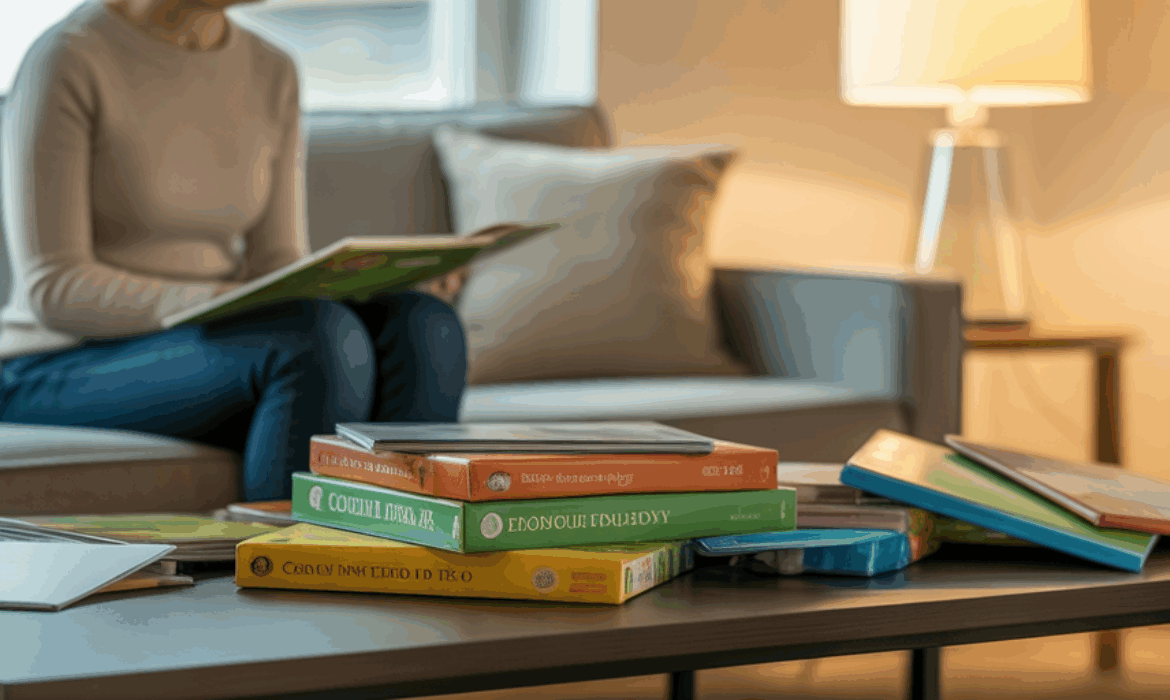A homeschool parent sitting with stacks of curriculum and books on a coffee table, symbolizing how federal funding through ECCA and SGOs will expand family choices and reshape vendor opportunities.