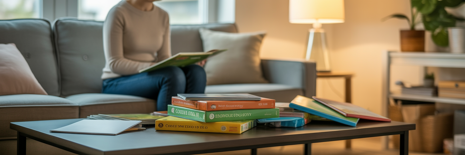 A homeschool parent sitting with stacks of curriculum and books on a coffee table, symbolizing how federal funding through ECCA and SGOs will expand family choices and reshape vendor opportunities.