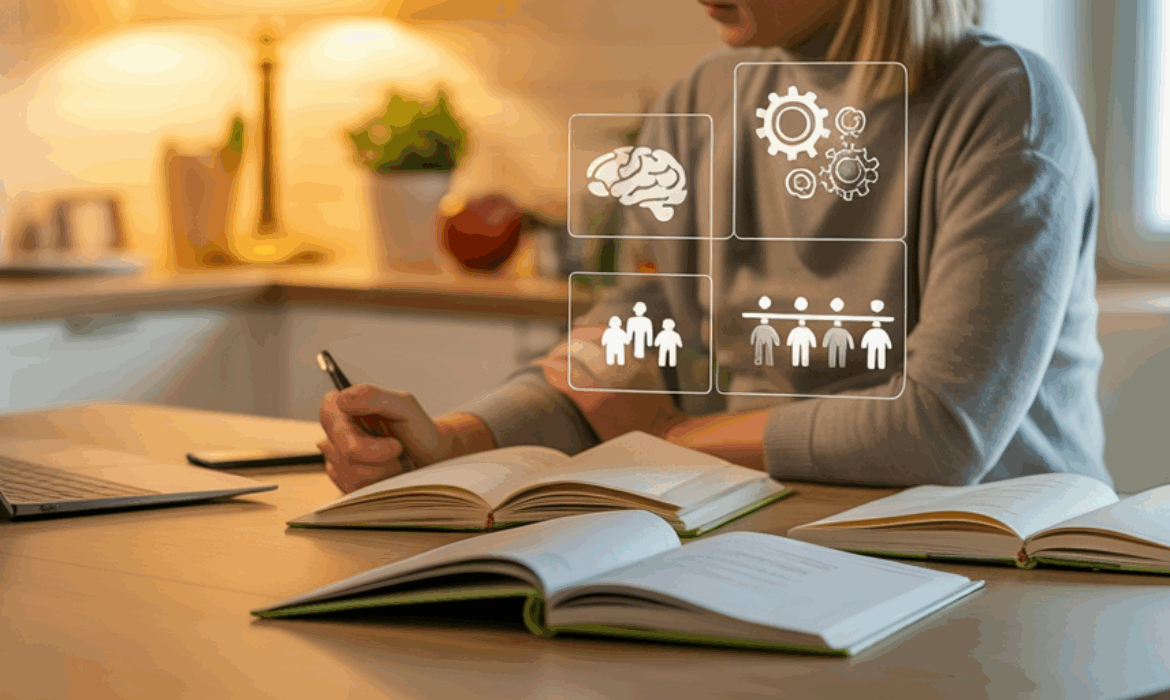 Woman at a desk with open books and a laptop, surrounded by glowing icons of a brain, gears, and people, symbolizing generational insights and cognitive decision-making.