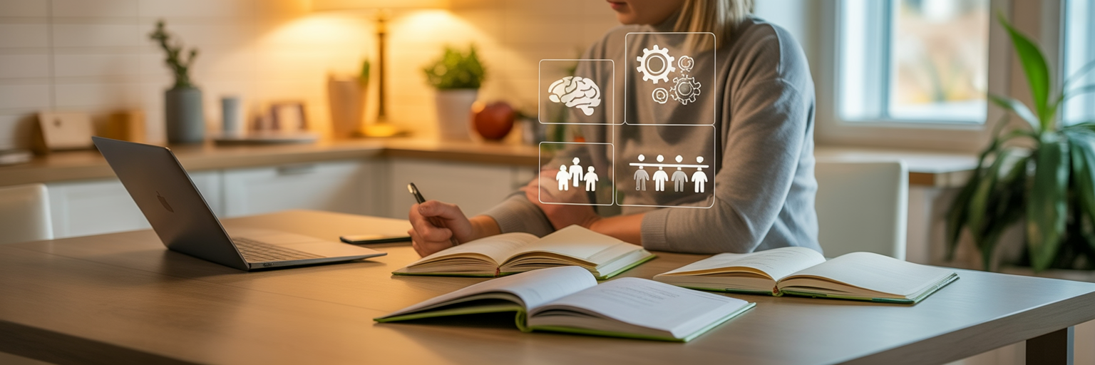 Woman at a desk with open books and a laptop, surrounded by glowing icons of a brain, gears, and people, symbolizing generational insights and cognitive decision-making.