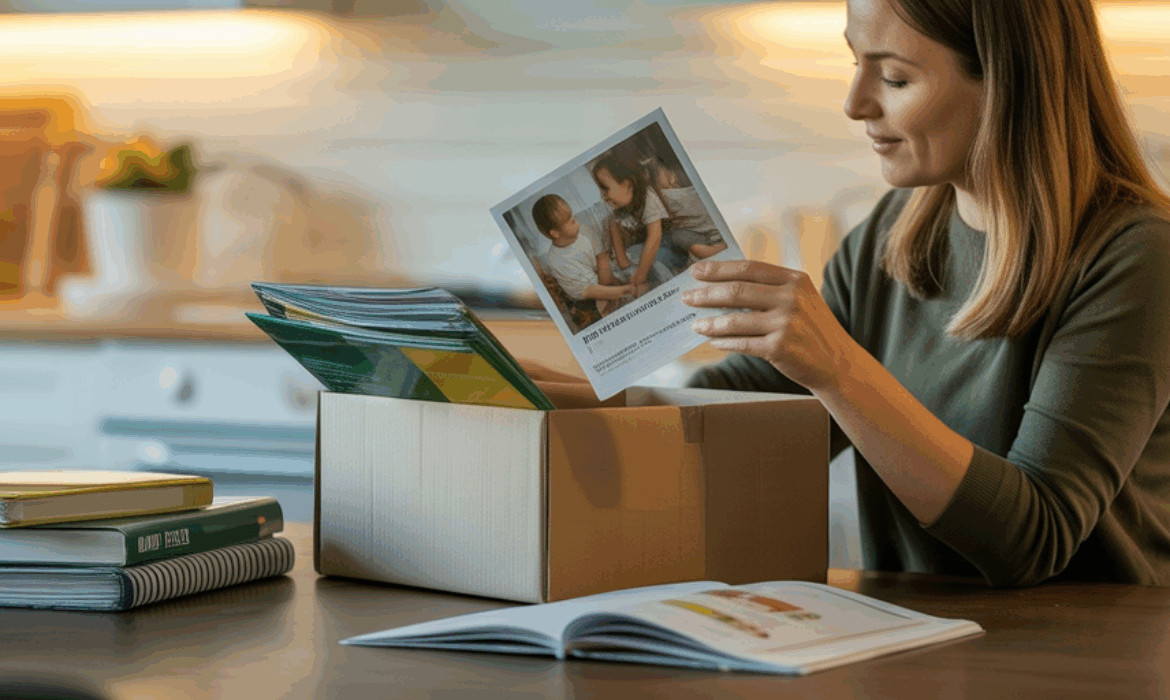 Homeschool mom unpacking a box of printed catalogs and inserts at her kitchen table.