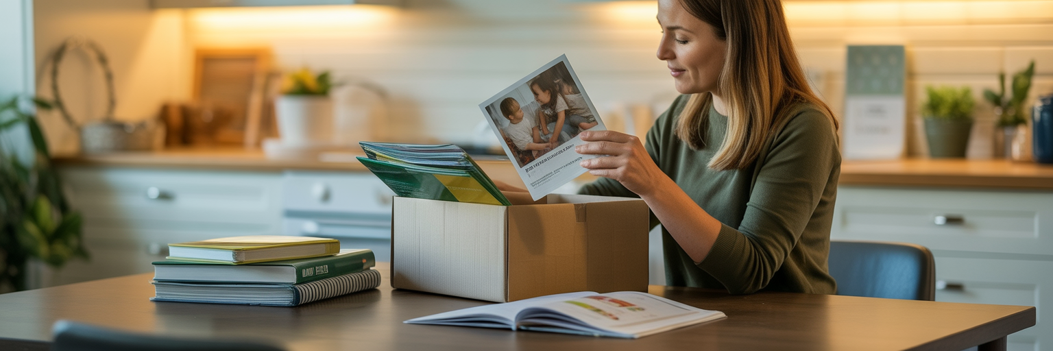 Homeschool mom unpacking a box of printed catalogs and inserts at her kitchen table.