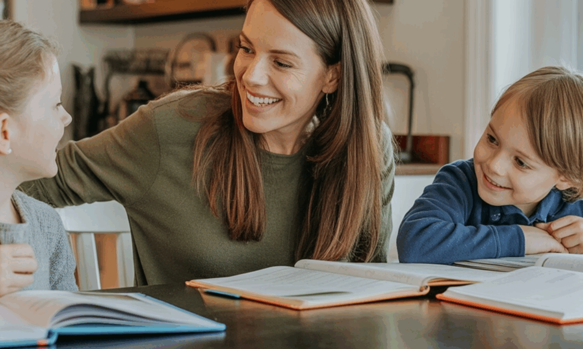 A mother smiles while homeschooling two children at the kitchen table, surrounded by open books.