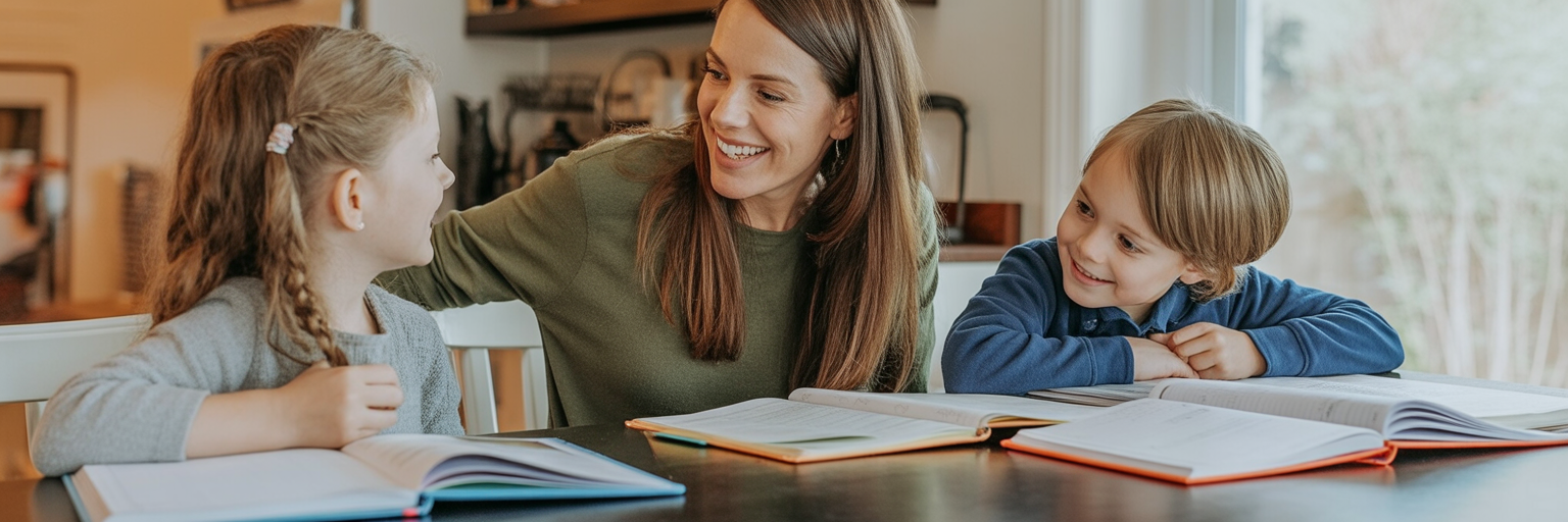 A mother smiles while homeschooling two children at the kitchen table, surrounded by open books.