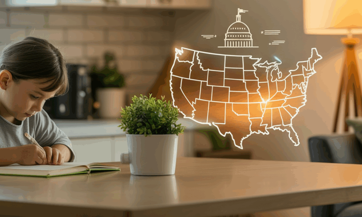 Young homeschool student writing at a kitchen table with an illustrated U.S. map and Capitol dome symbolizing national education policy.