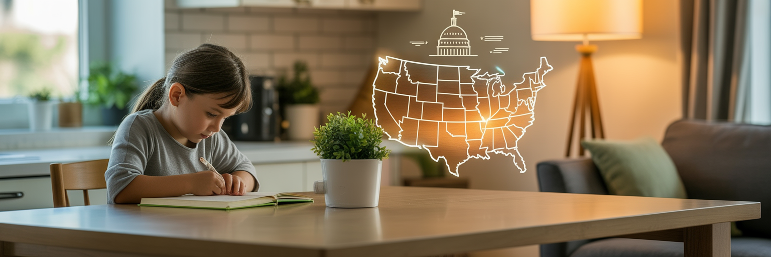 Young homeschool student writing at a kitchen table with an illustrated U.S. map and Capitol dome symbolizing national education policy.