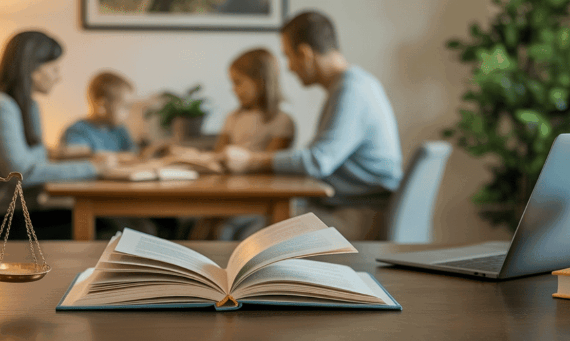 Open law book and scales of justice on a desk with a laptop, while a family discusses homeschooling in the background.