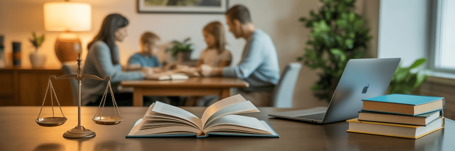 Open law book and scales of justice on a desk with a laptop, while a family discusses homeschooling in the background.