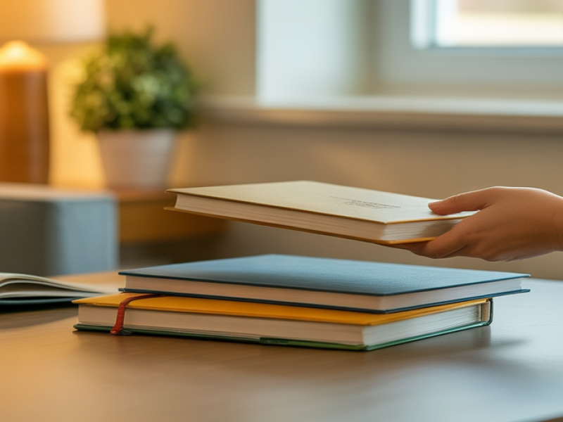 Books stacked neatly on a desk reflect the steady commitment and resources that support homeschooling families.