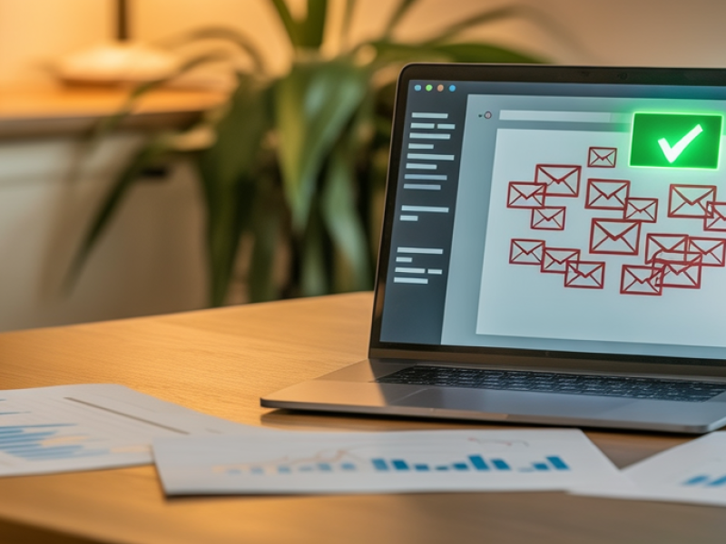 Laptop on a desk showing email icons with a green checkmark, surrounded by charts and reports.