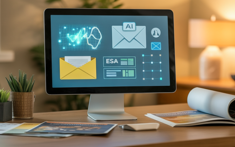 Computer screen displaying AI, email, and ESA marketing icons on a desk with homeschool catalogs and magazines.