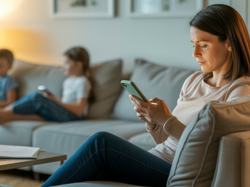 Homeschool mom sitting on the couch looking at her phone while children watch TV in the background.