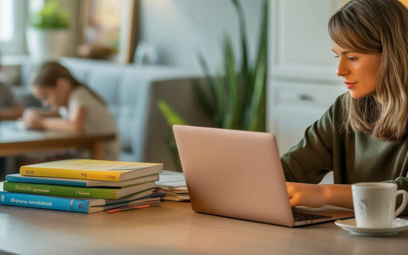Homeschool mom working on laptop with books stacked on the table while children study in the background.