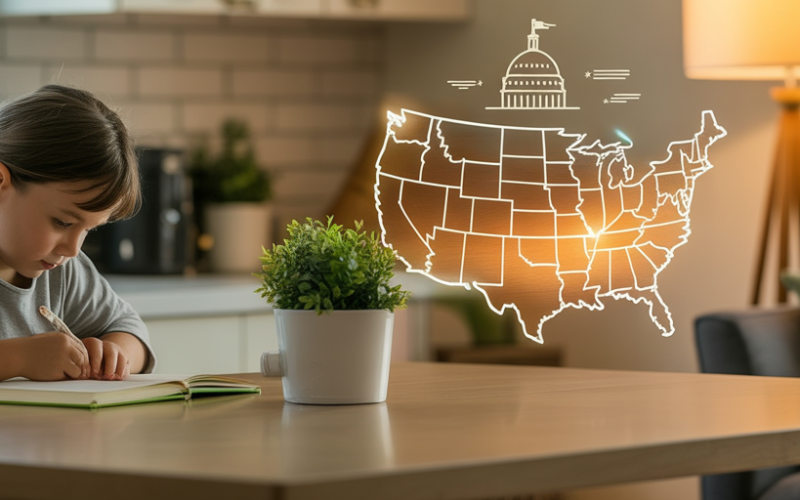 Young homeschool student writing at a kitchen table with an illustrated U.S. map and Capitol dome symbolizing national education policy.