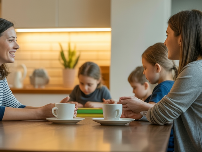 Two mothers sit at a kitchen table with coffee cups, talking while their children study together in the background.