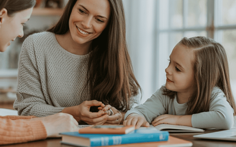Homeschool mom teaching her children at a kitchen table with books and a laptop, representing the families advertisers can reach.